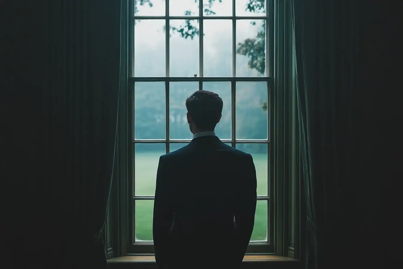 Man in a dark suit stands with his back to the viewer, looking out a large window at the green lawn outside.