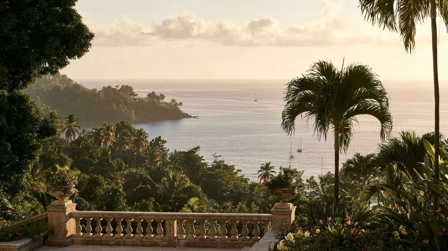 Hillside villa terrace overlooking a Caribbean bay
