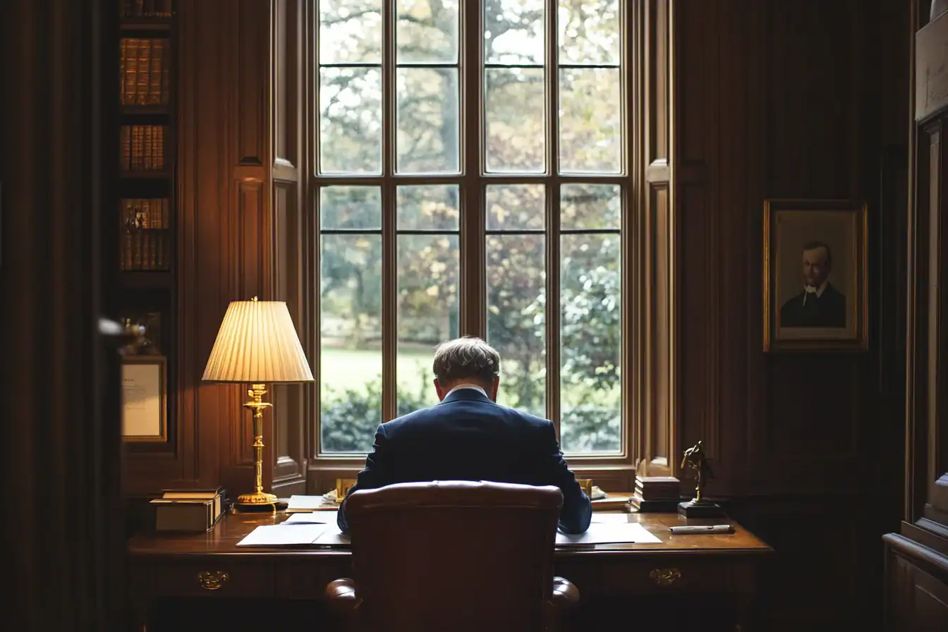 Man in a tailored suit seen from behind signing documents at a leather-topped desk beside a tall sash window