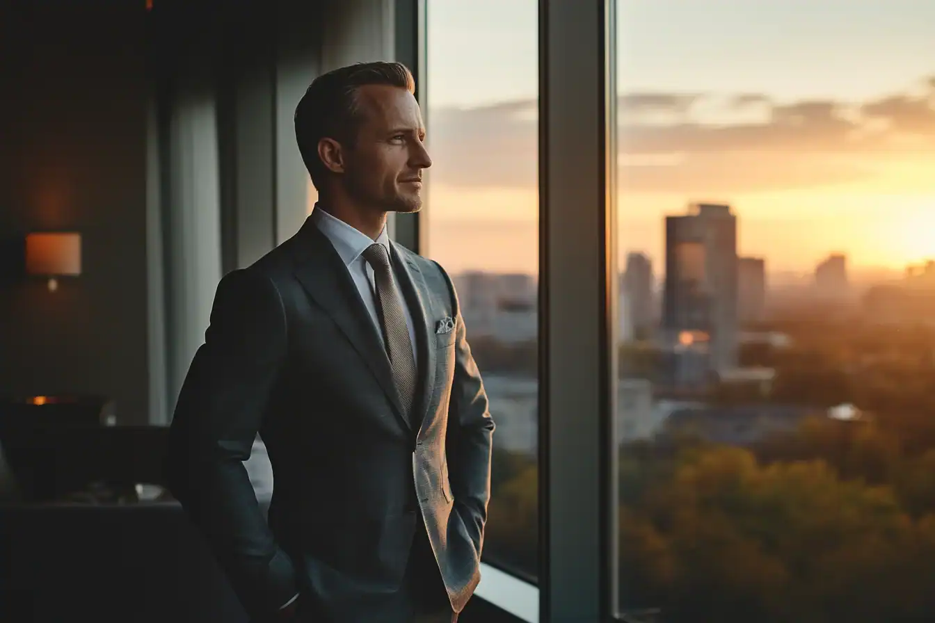 Businessman in a tailored suit in soft profile at a tall window of a club lounge overlooking a city at dawn