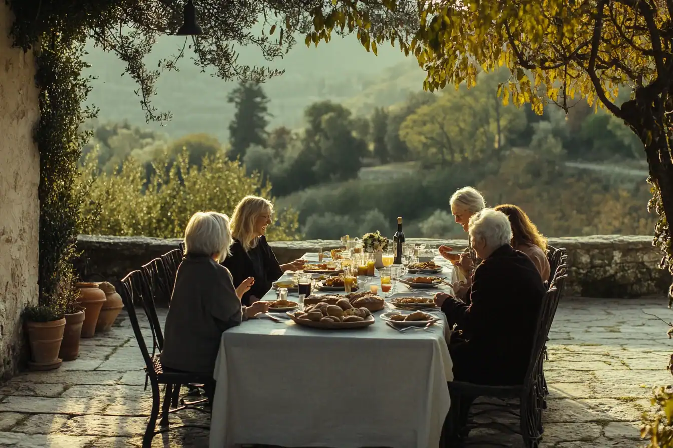Three generations of a family sharing breakfast at a long table on a stone terrace overlooking parkland