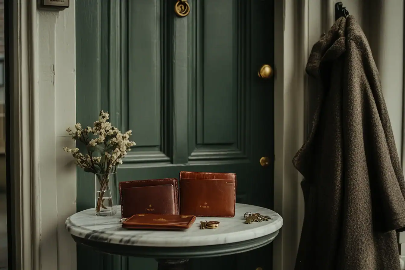Marble console by a deep green front door with two leather passport wallets, keys and a packed weekend bag