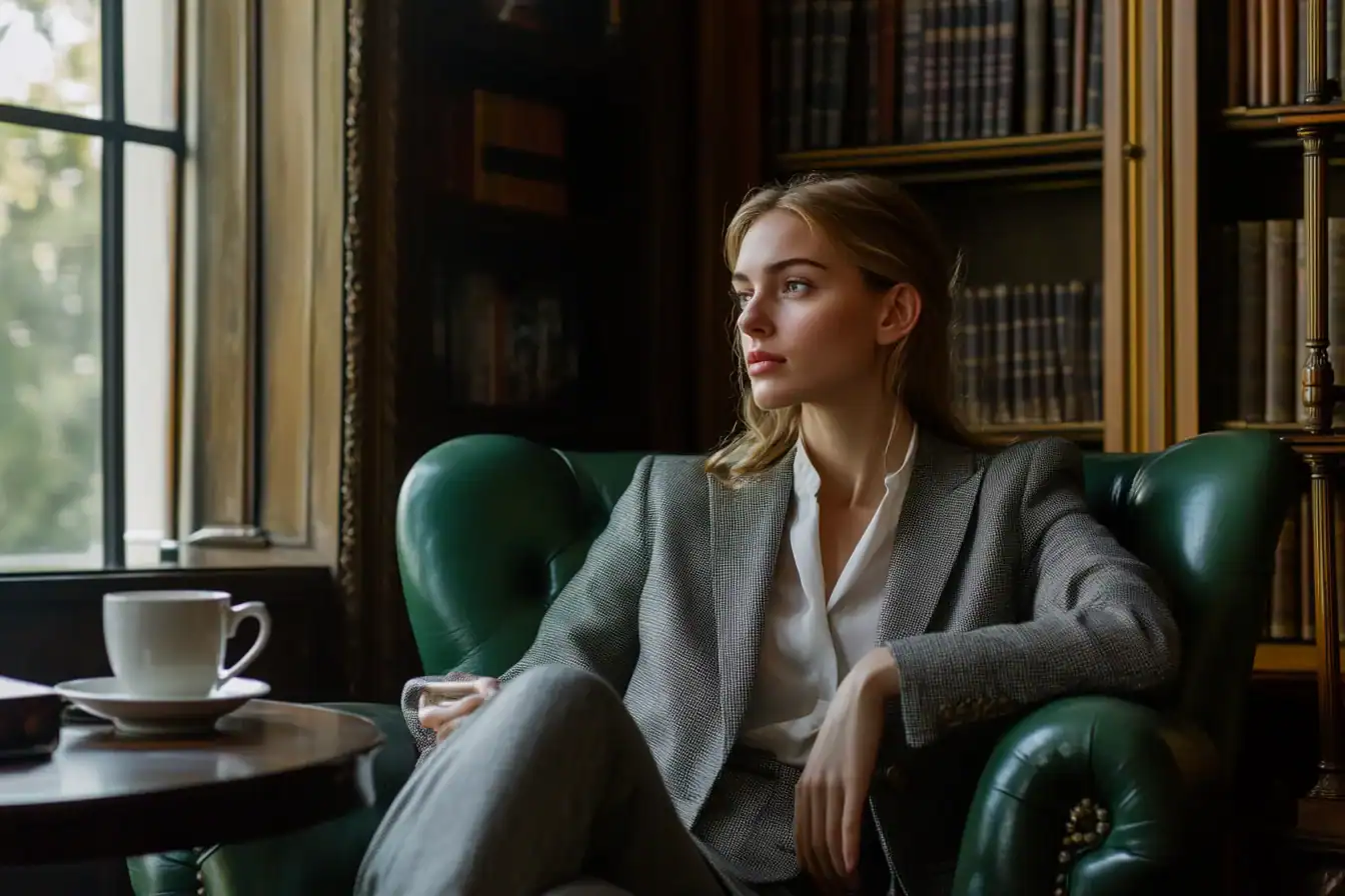 Elegant woman in a tailored blazer seated in a deep green leather armchair in a private club library