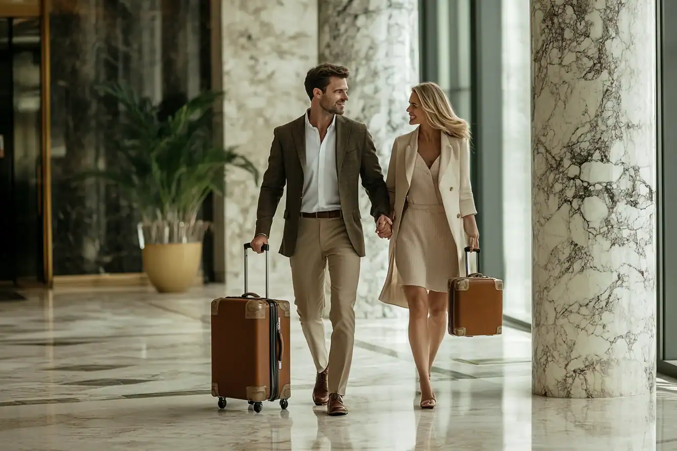 Well-dressed professional couple with leather cabin luggage walking through a bright marble lobby