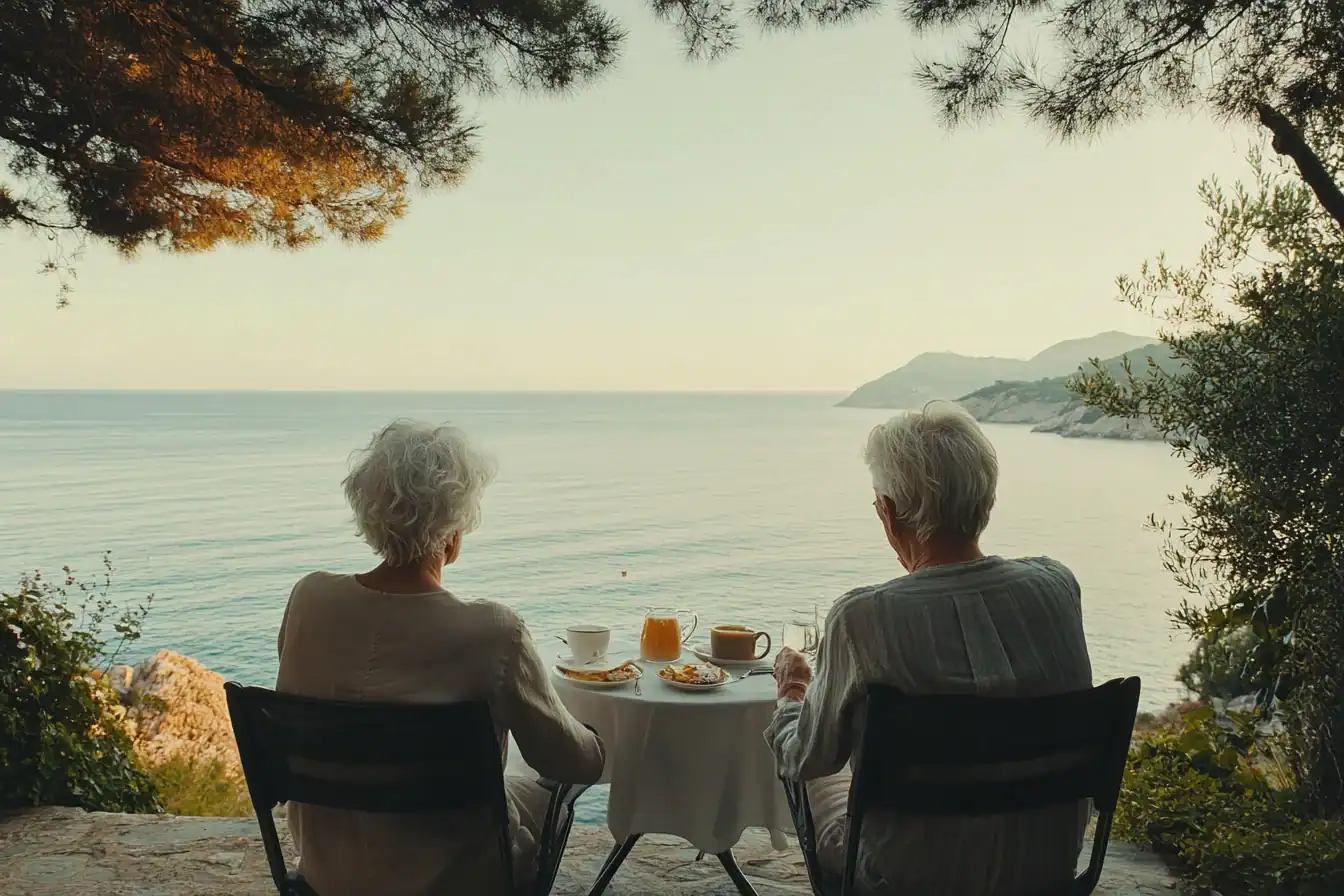 Silver-haired couple having breakfast at a small table on a coastal terrace overlooking a calm morning sea
