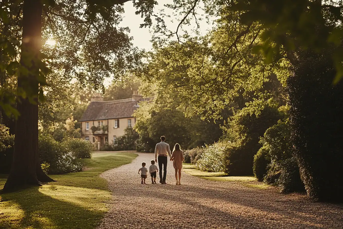 Family with two children walking along a tree-lined gravel path towards a country house in dappled morning light