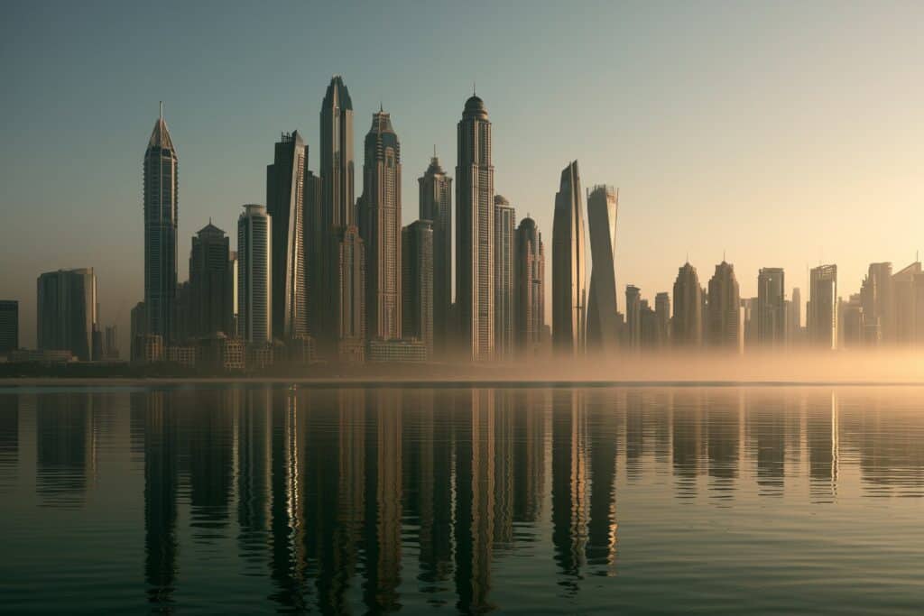 | Citizenship 360 Dubai Marina Skyline Across Calm Water at Dawn