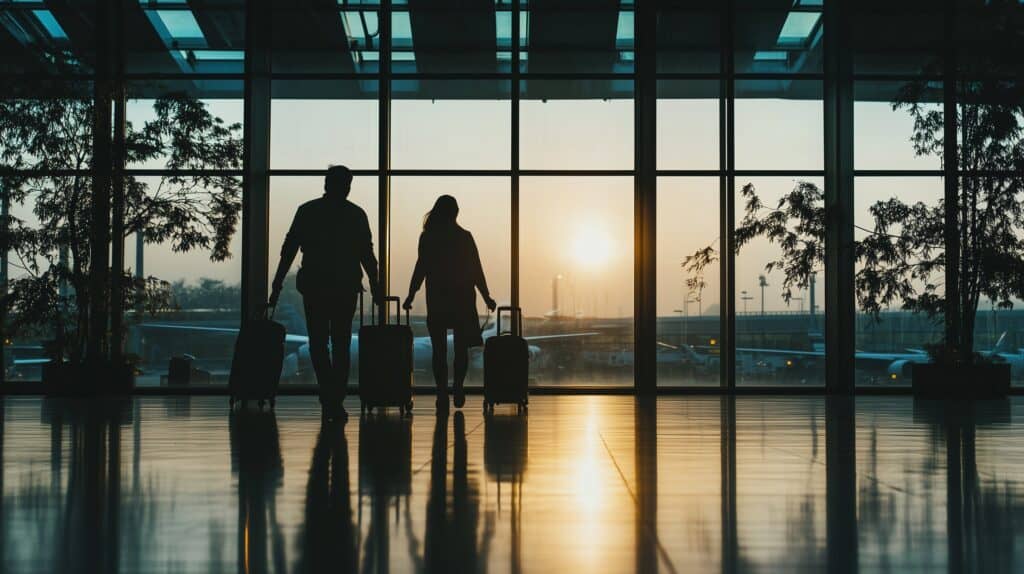 Family walking through an airport terminal at sunrise