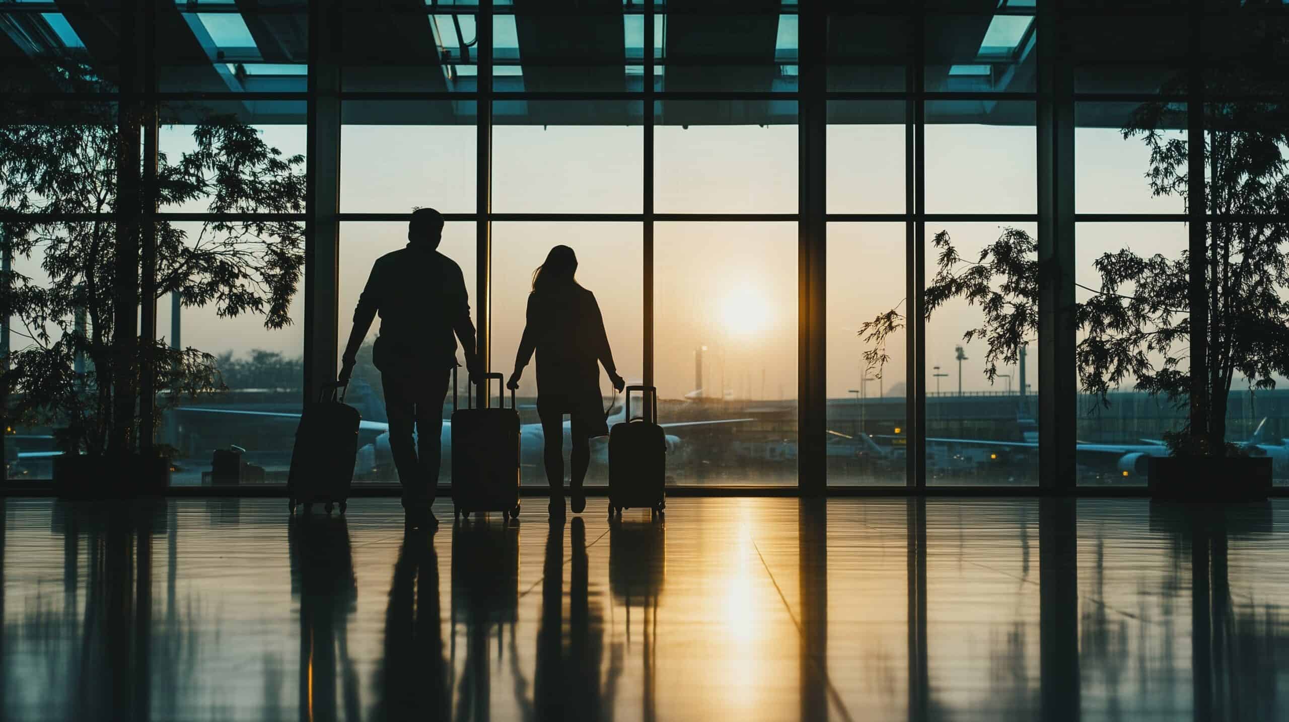 Family walking through an airport terminal at sunrise