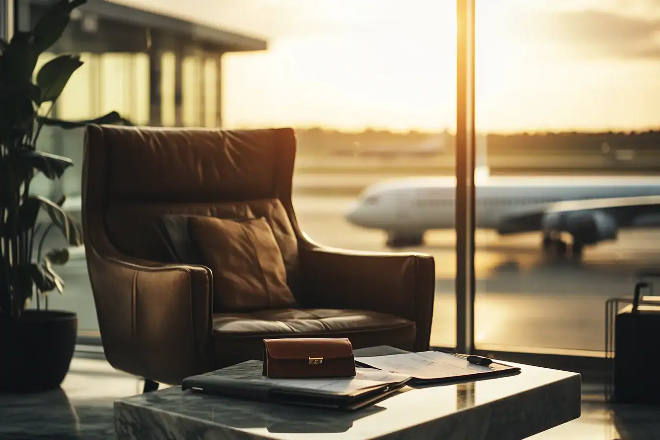 Quiet private airport lounge at dawn with a leather armchair, travel wallet and documents on a marble side table