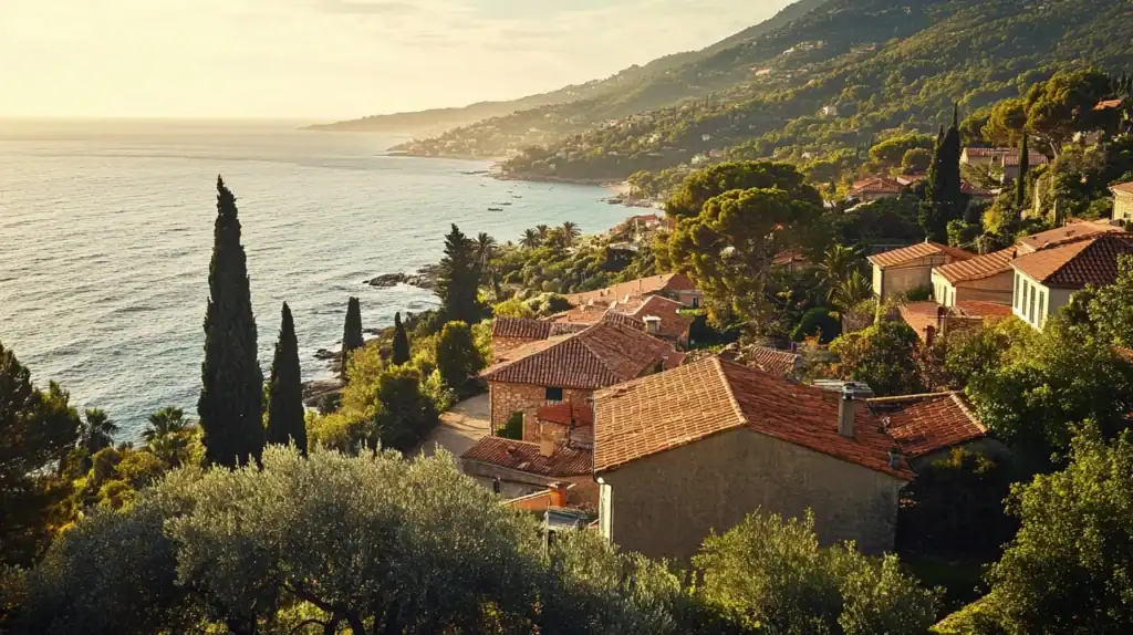 | Citizenship 360 Coastal Hillside Village with Red tiled Roofs Overlooking the Sea at Sunset