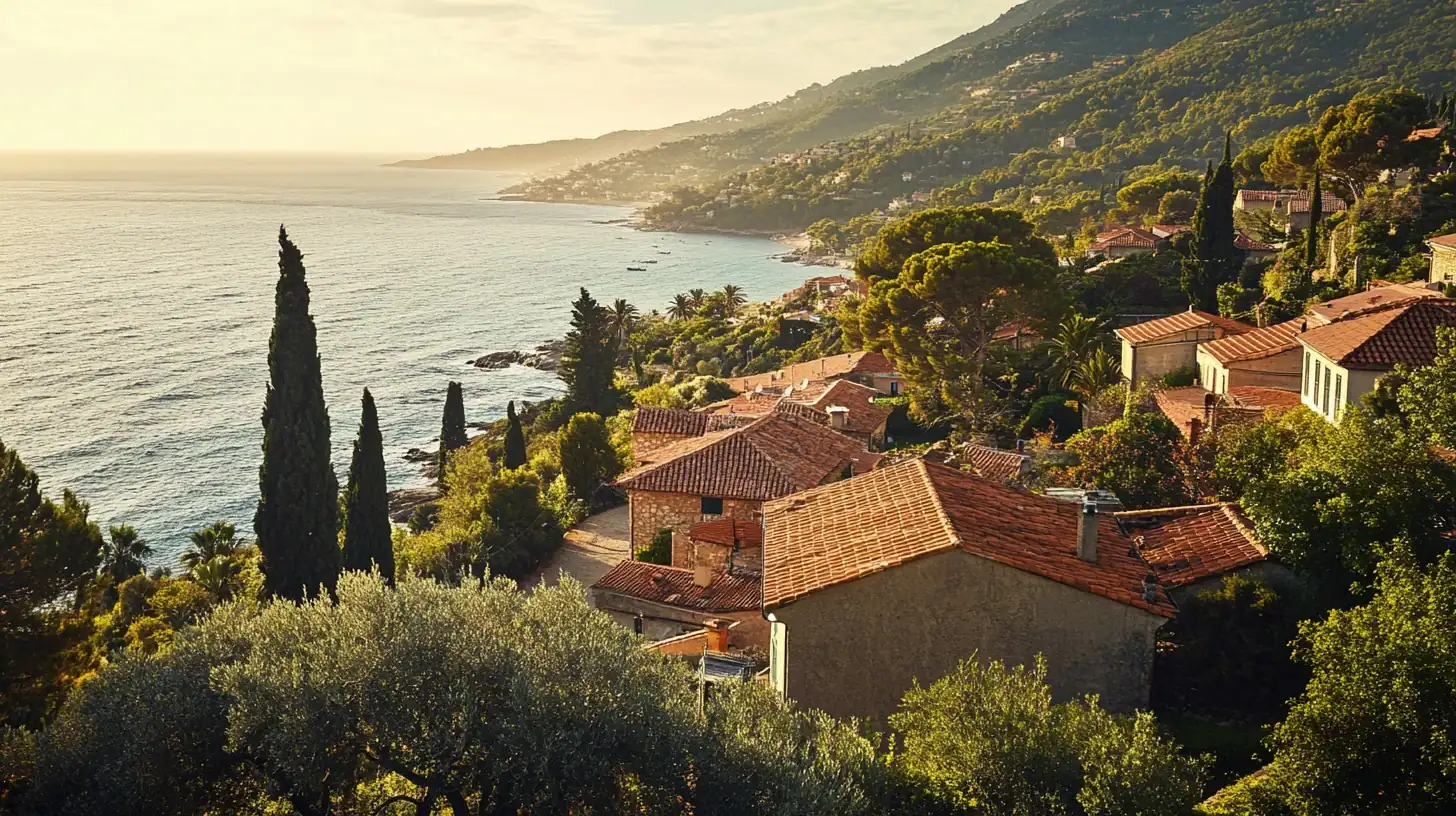 | Citizenship 360 Coastal Hillside Village with Red tiled Roofs Overlooking the Sea at Sunset