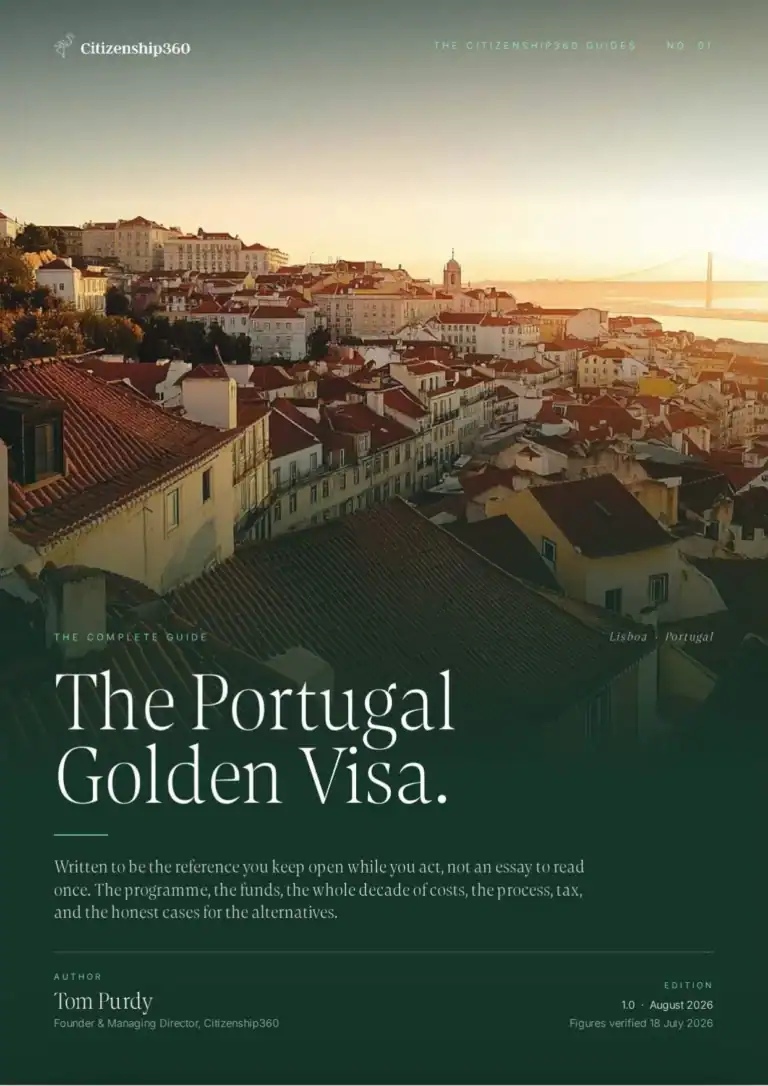 | Citizenship 360 Front Cover of the Portugal Golden Visa Complete Guide by Citizenship360 Lisbon Rooftops at Sunset