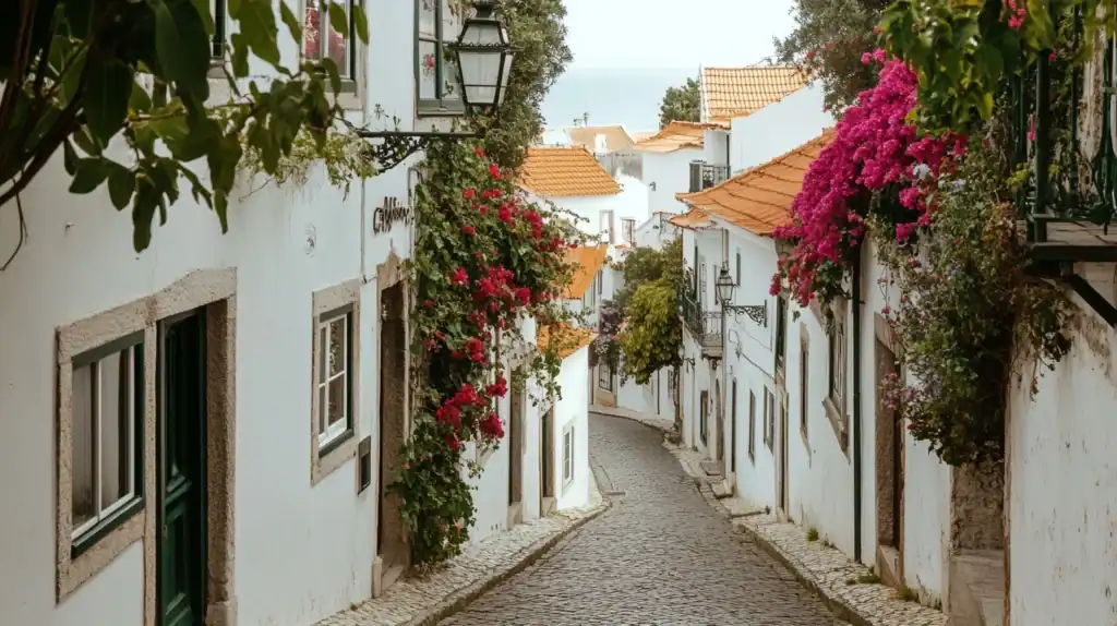 | Citizenship 360 Quiet Cobbled Street in Cascais with White Houses and a Glimpse of the Sea