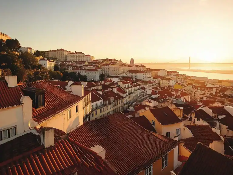 | Citizenship 360 Golden Hour over Lisbon Alfama Rooftops and the Tagus River