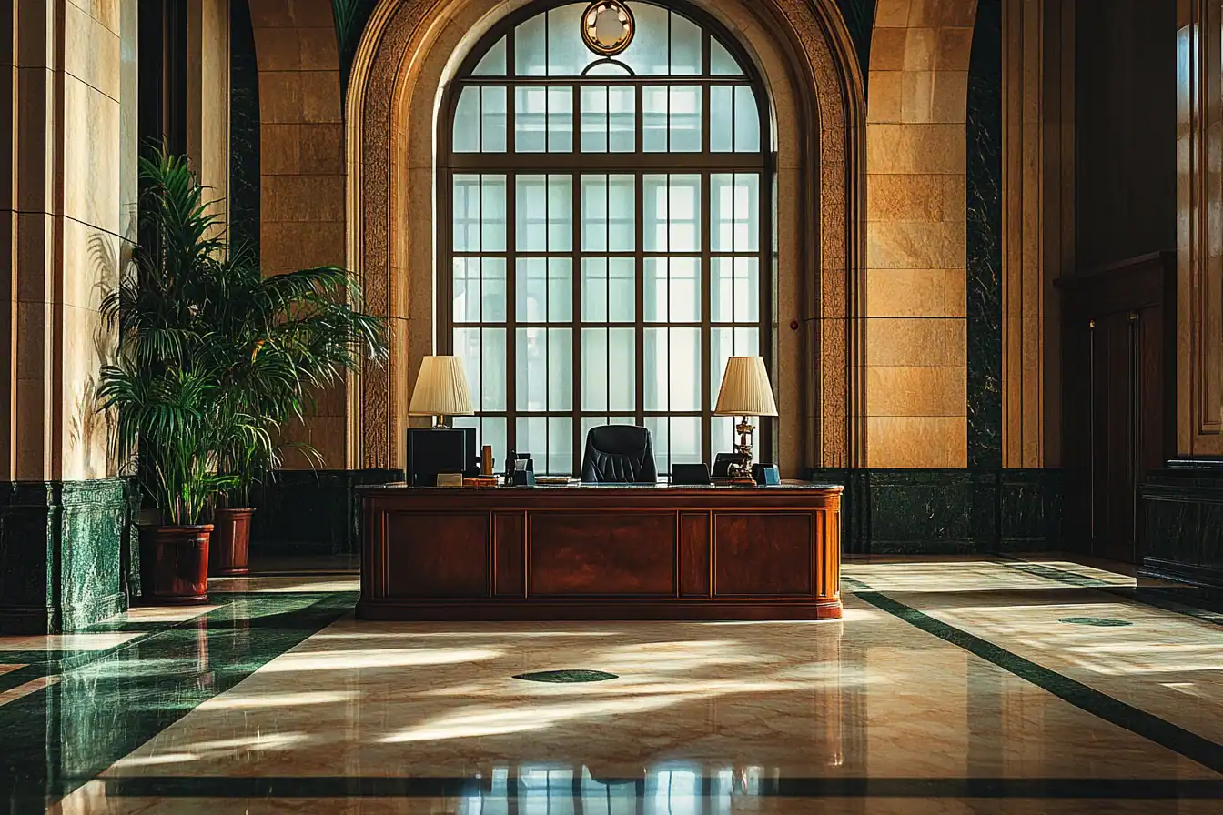 Elegant private banking hall with marble floor, green marble accents and mahogany desk in soft morning light