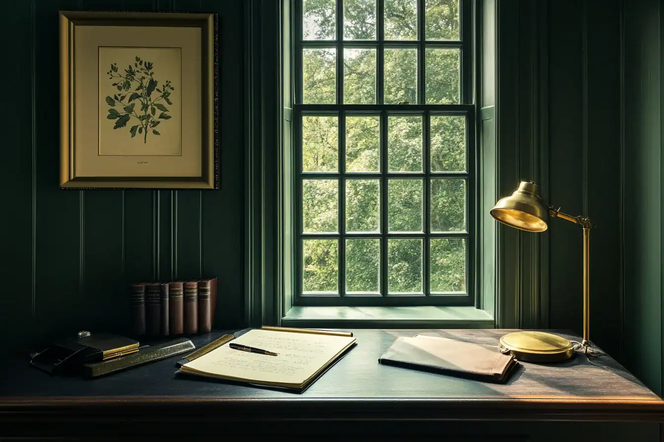 Panelled private study in deep forest green with leather-topped writing desk, brass lamp, botanical print and tall sash window