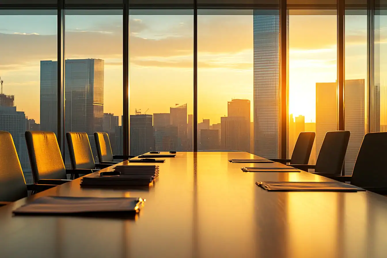 Executive boardroom at dawn with leather folios laid along a long table and a city skyline beyond