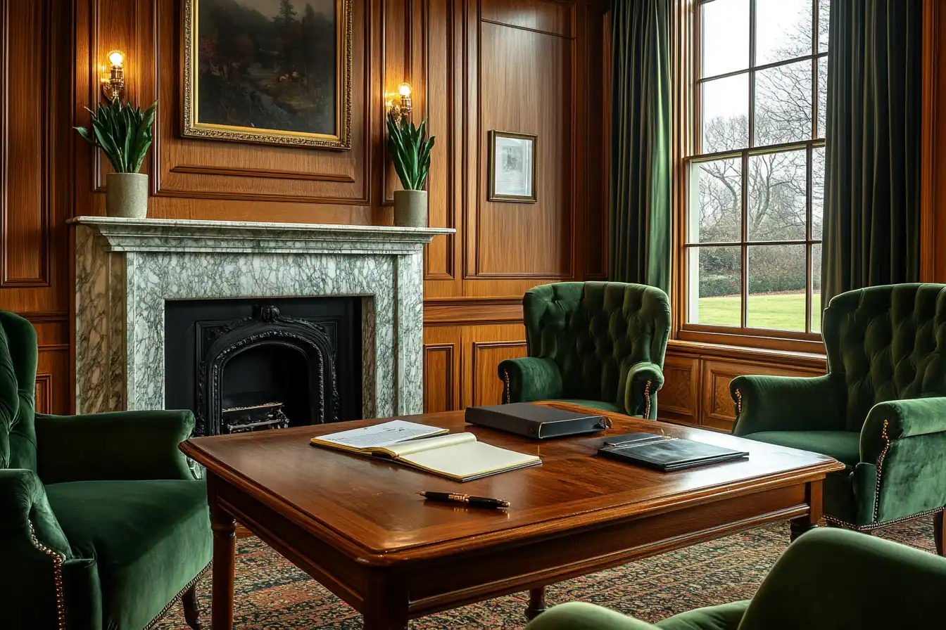 Oak panelled private meeting room in a heritage members club with green velvet armchairs, marble fireplace and folios on a mahogany table
