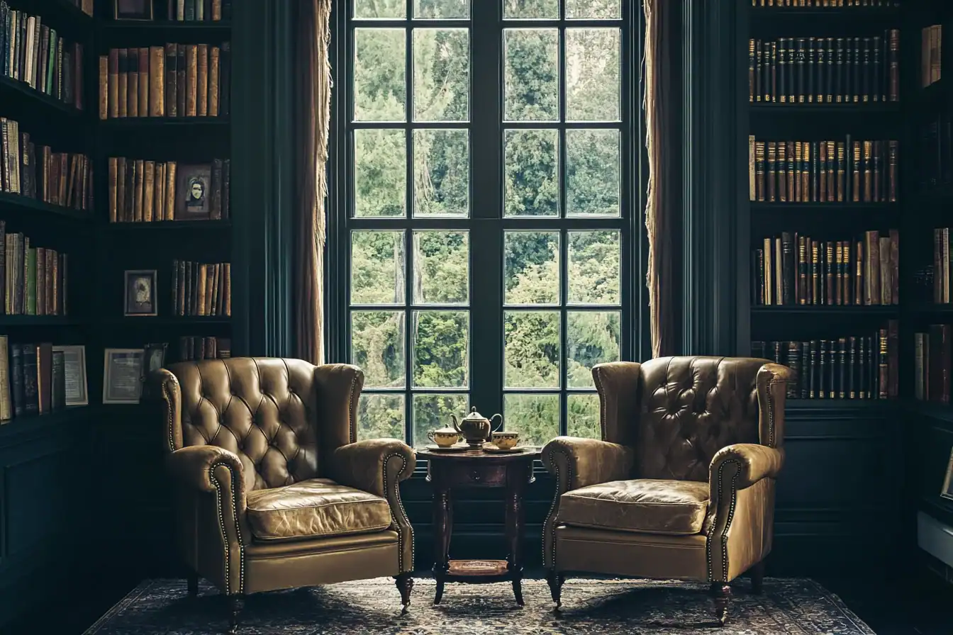Two leather armchairs facing each other beside a tall window in a private study with dark bookshelves and a tea service