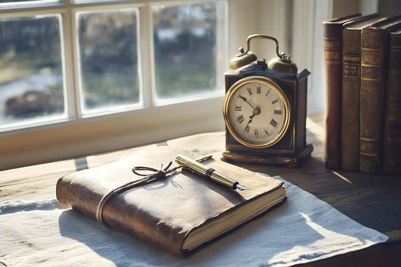 Leather document folio tied with cord beside a fountain pen and brass clock on a writing desk near a tall window