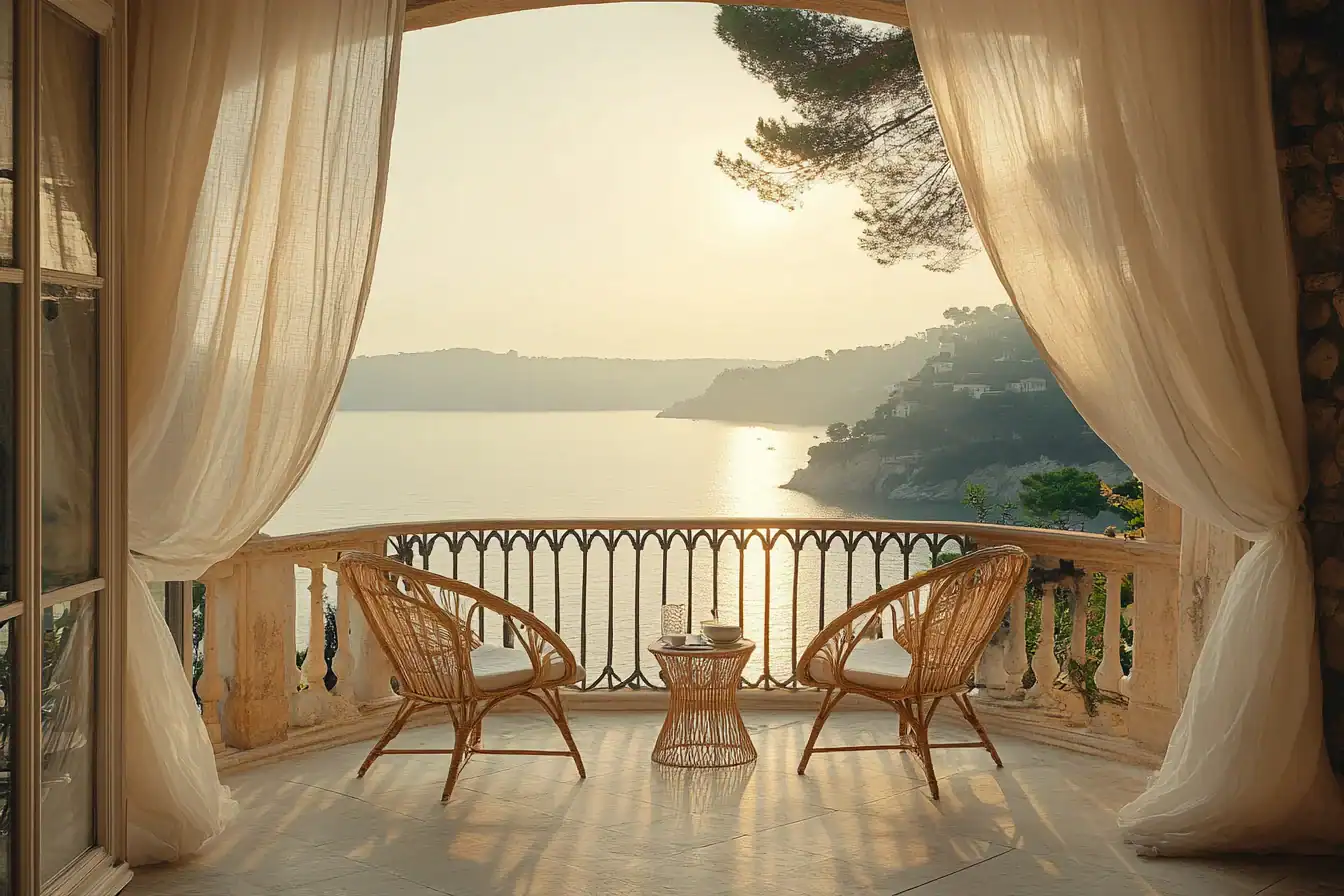 Stone villa terrace at dawn overlooking a calm sea through linen curtains, with two rattan chairs