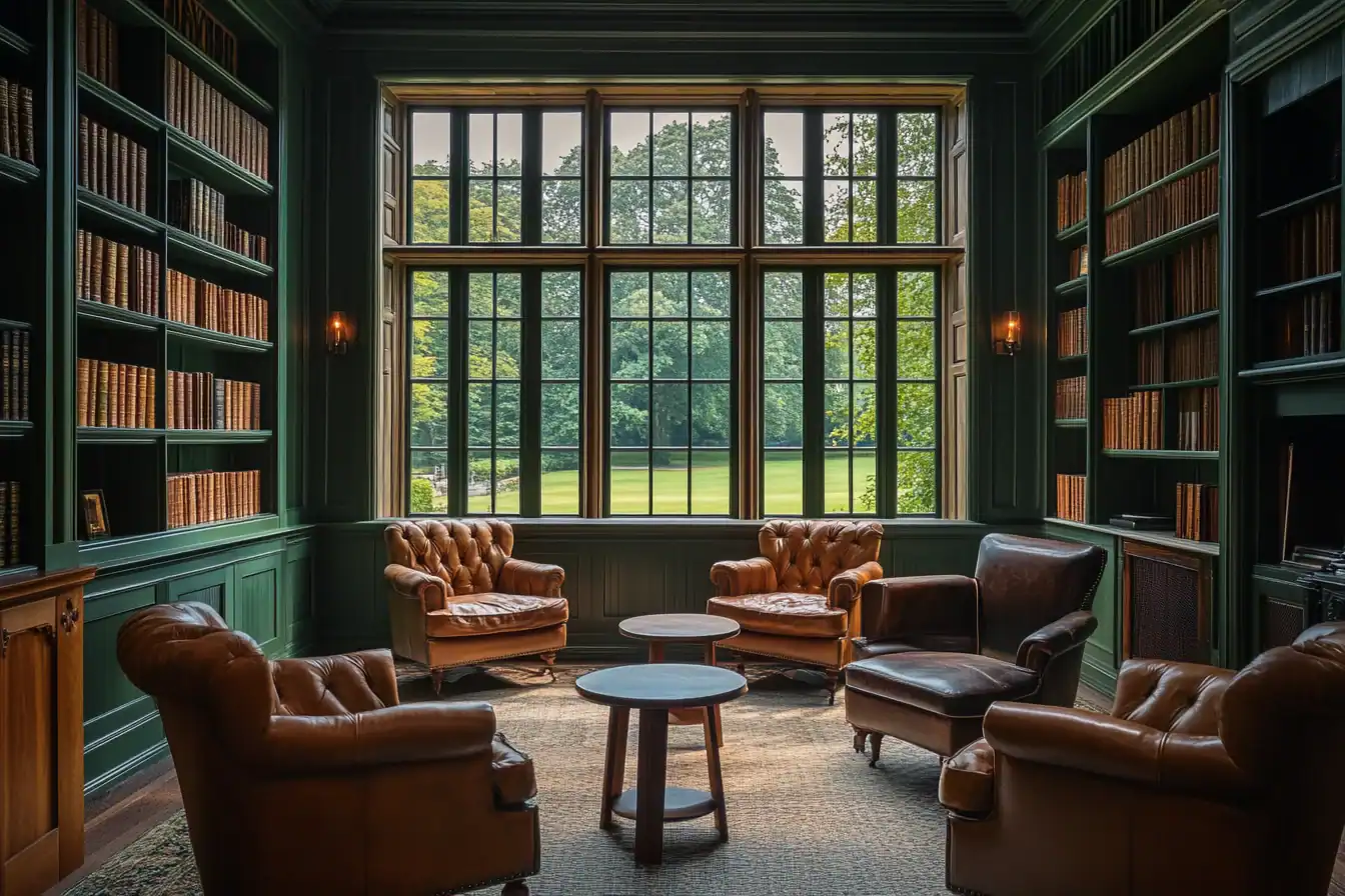 Heritage members club reading room with leather armchairs, deep green panelled walls and tall windows onto parkland