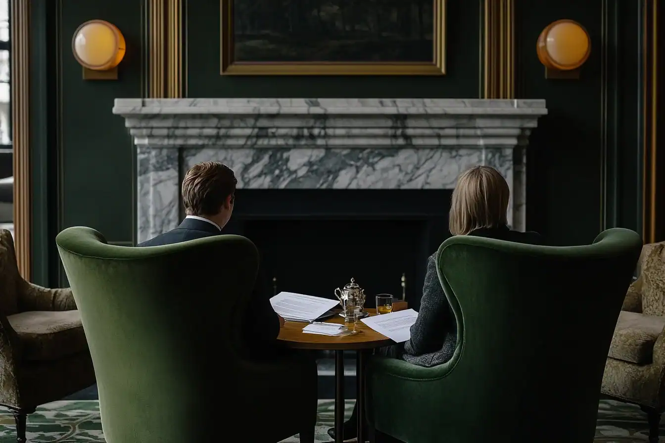 Two figures seen from behind in deep green wing chairs in quiet conversation beside a marble fireplace