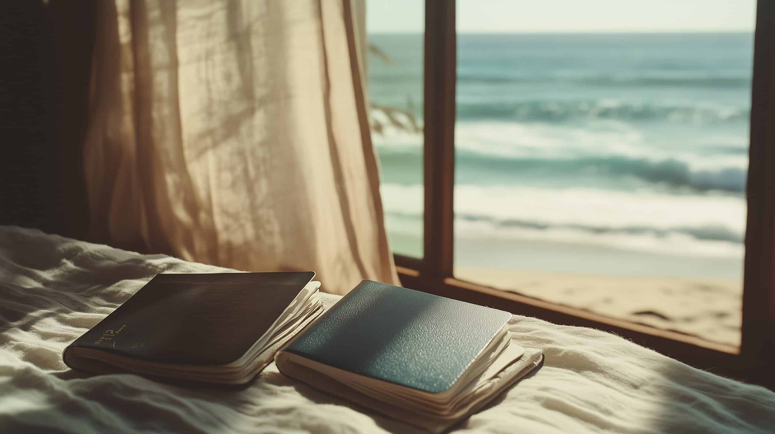 Two passports by a window overlooking the sea
