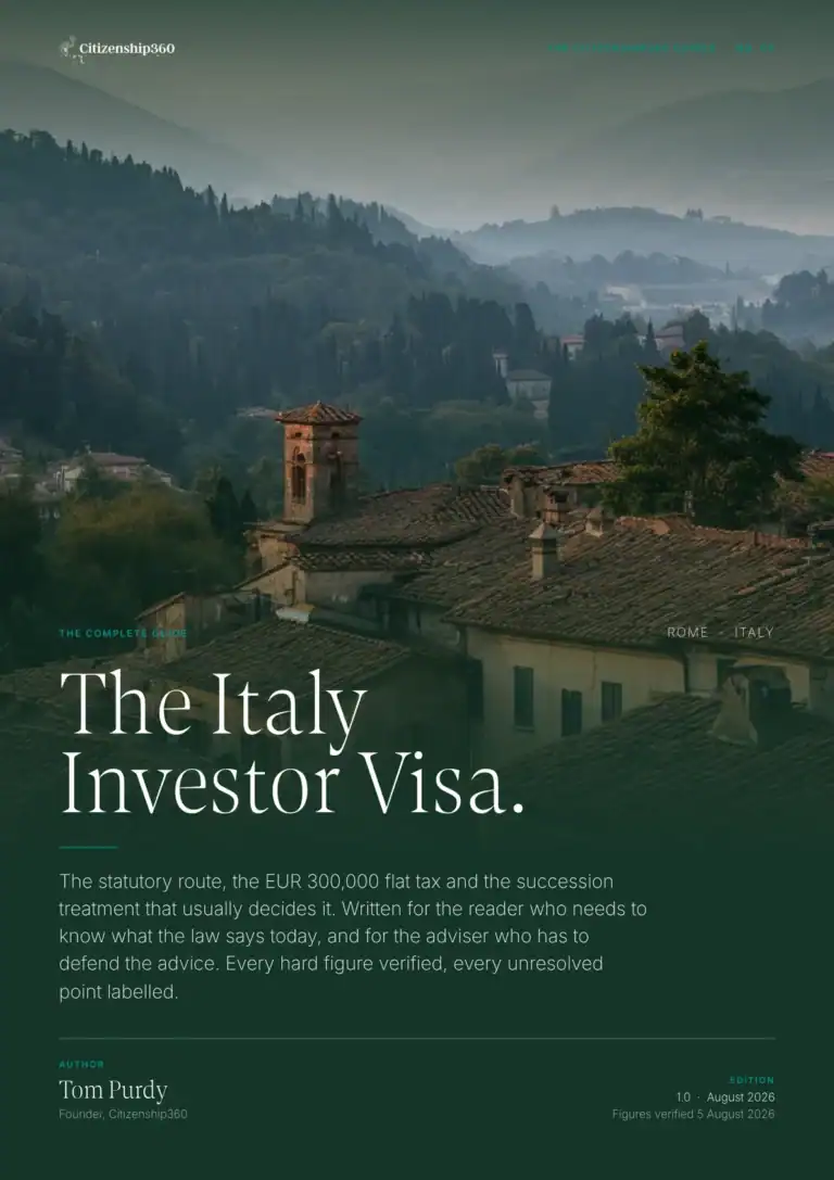 | Citizenship 360 Front Cover of the Citizenship360 Guide the Italy Investor Visa the Complete Guide Edition 10 August 2026 Showing Terracotta Rooftops and a Bell Tower of an Italian Hill Town Beneath Hazy Mountains in the Deep Green House Livery