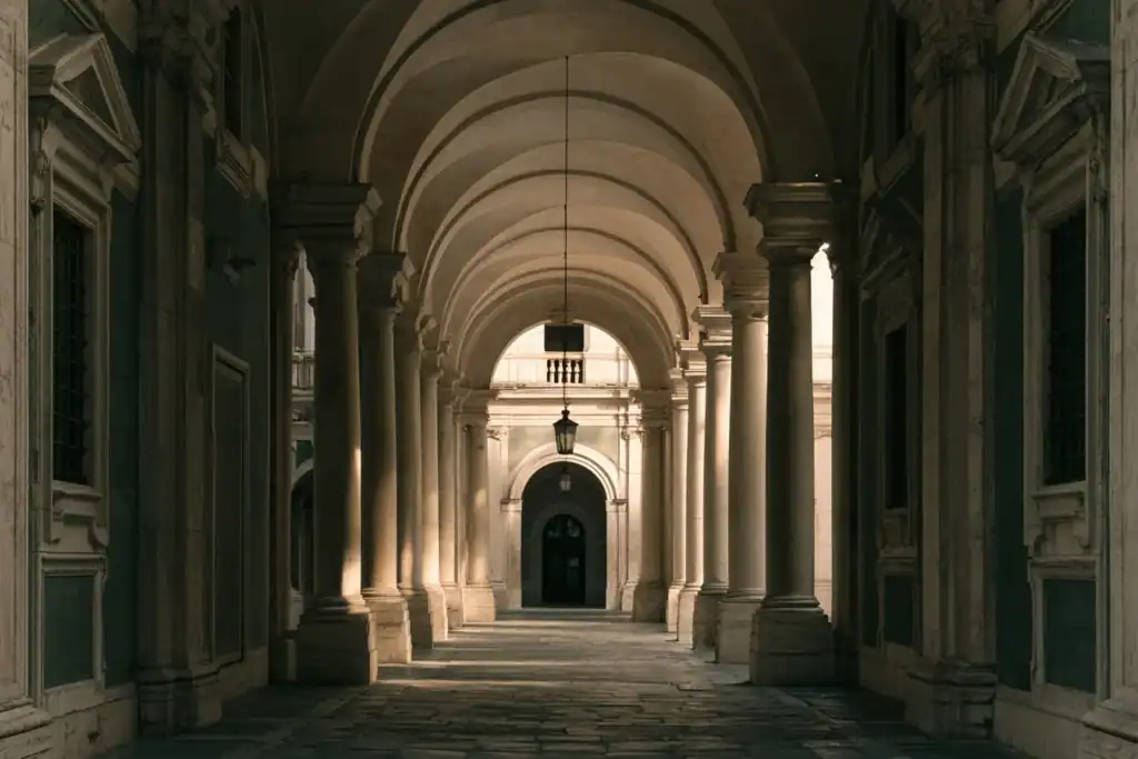 | Citizenship 360 Symmetrical Stone Colonnade of an Italian Government Palazzo Its Vaulted Arches Receding Towards a Shaded Doorway in Soft Morning Light