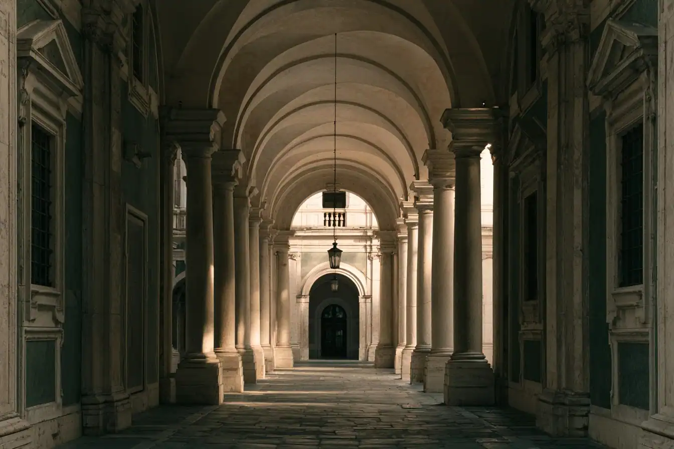 Symmetrical stone colonnade of an Italian government palazzo, its vaulted arches receding towards a shaded doorway in soft morning light.