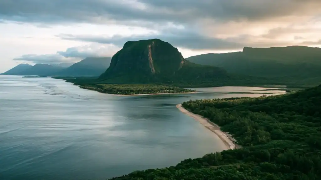 | Citizenship 360 Mauritius Lagoon Curving Past a Green Headland with Le Morne in the Distance in Soft Morning Light