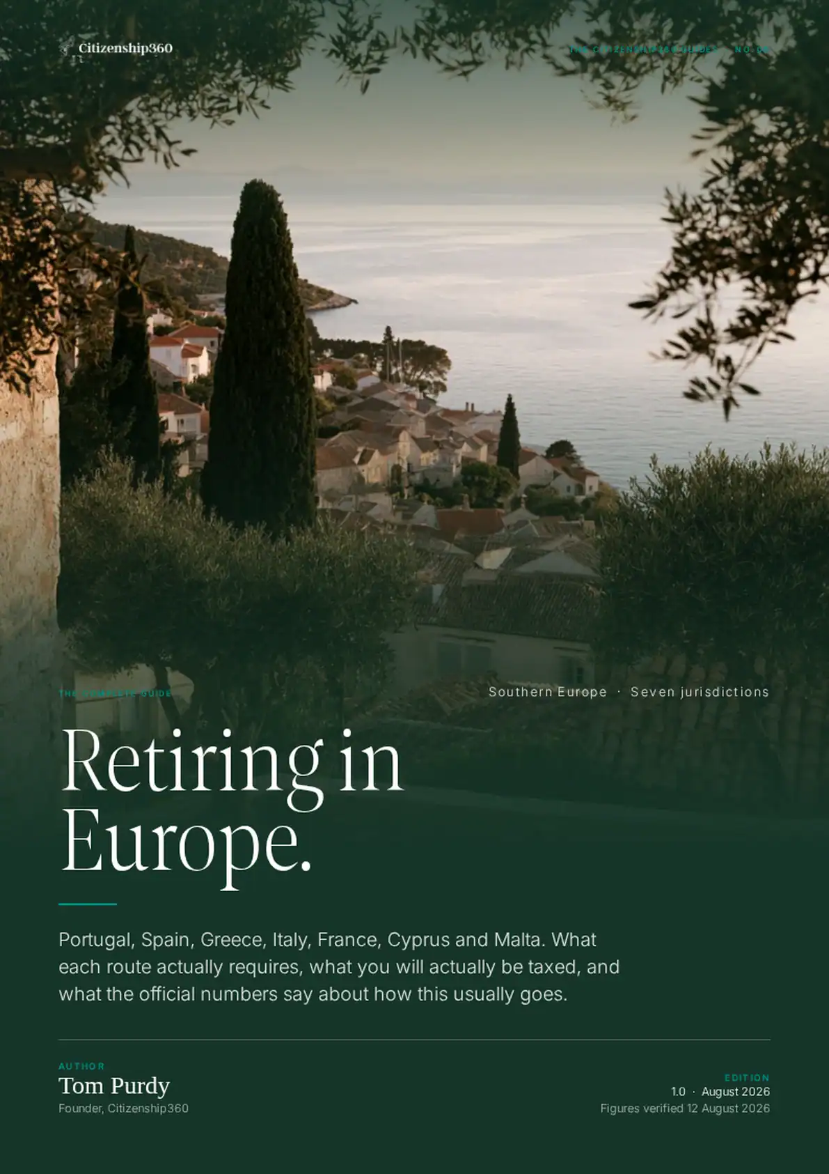 | Citizenship 360 Bookguide Cover Coastal European Village with Sea View Title retiring in Europe Overlaid Southern Europe Seven Jurisdictions