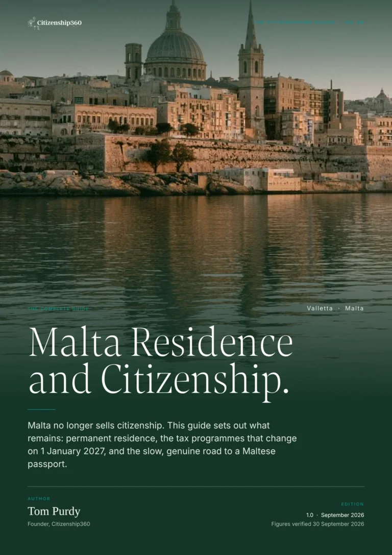 | Citizenship 360 Cover of the Citizenship360 Guide No 09 Malta Residence and Citizenship over a Photograph of Valletta Across the Grand Harbour