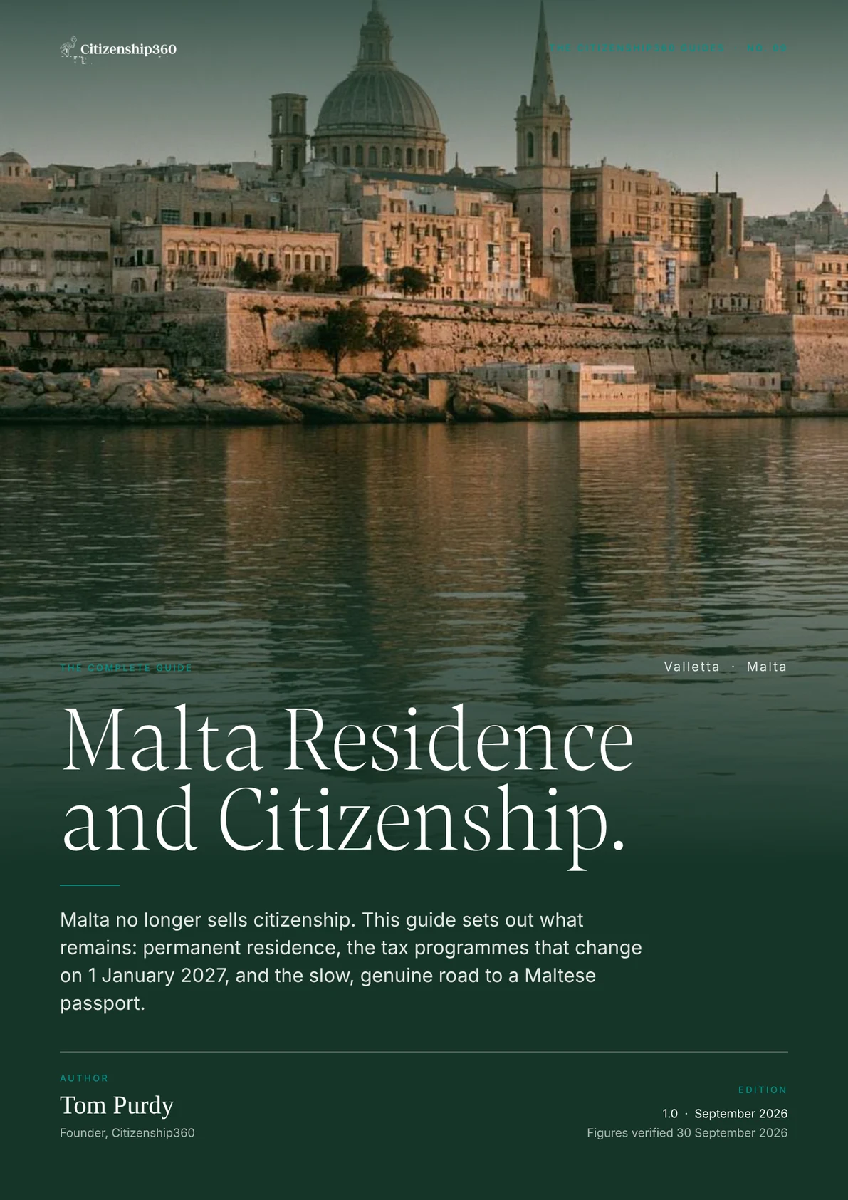 | Citizenship 360 Cover of the Citizenship360 Guide No 09 Malta Residence and Citizenship over a Photograph of Valletta Across the Grand Harbour