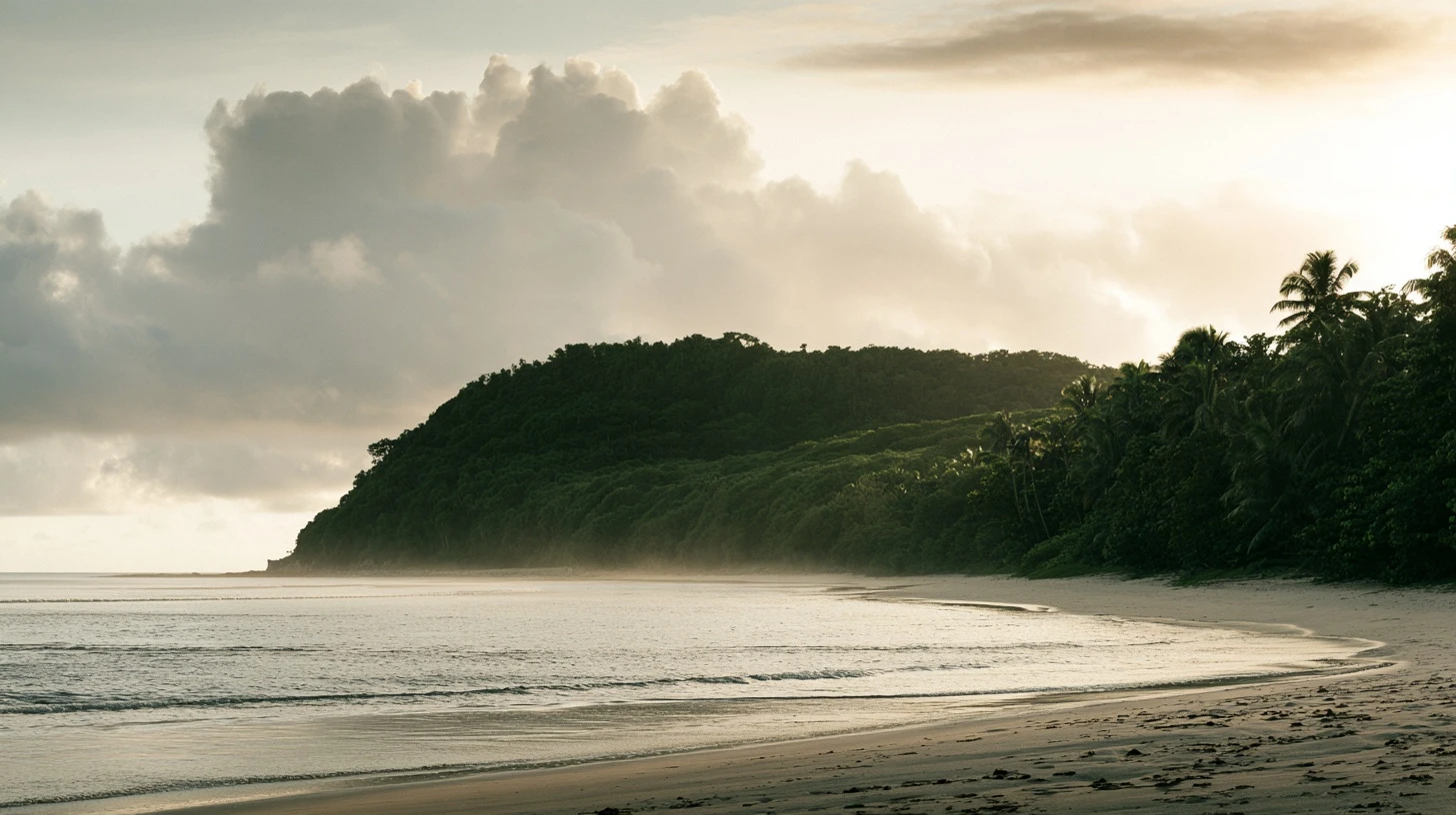 Calm Pacific island coastline at dawn, a low green headland meeting a wide empty ocean